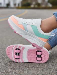 Girls/Boys Roller Skates Sneakers - Four-Wheel for Outdoor Skating & Sports (Pink-Red)