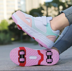 Girls/Boys Roller Skates Sneakers - Four-Wheel for Outdoor Skating & Sports (Pink-Red)