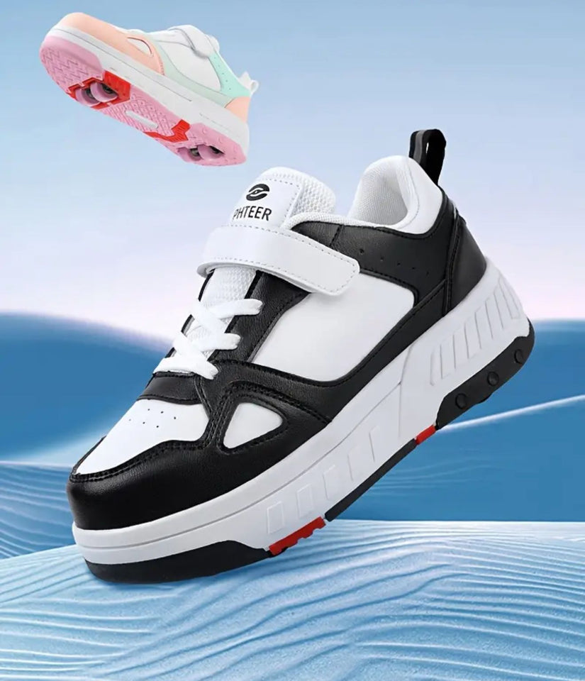 Girls/Boys Roller Skates Sneakers - Four-Wheel for Outdoor Skating & Sports (Black & White)